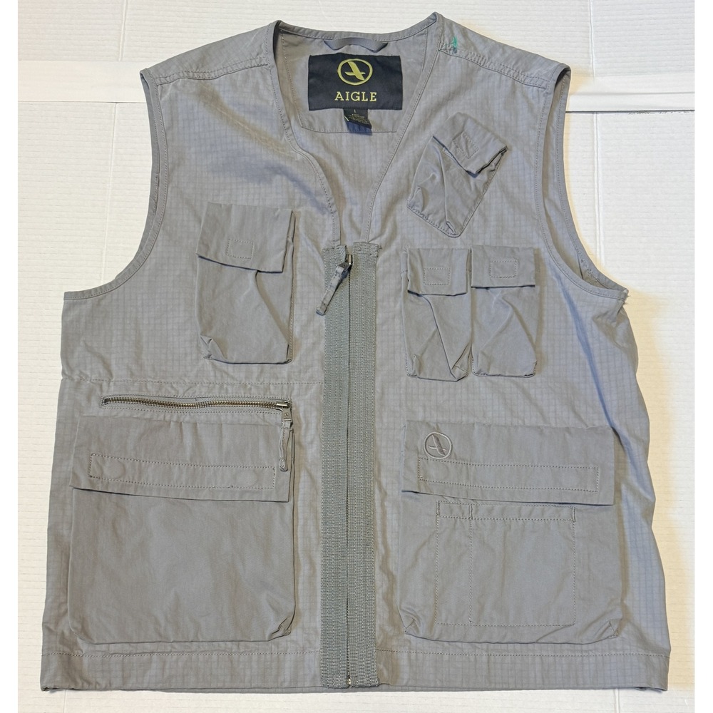 AIGLE - Men's Utility Fishing Vest - Gray Ripstop Multi Pocket Full Zip - Large